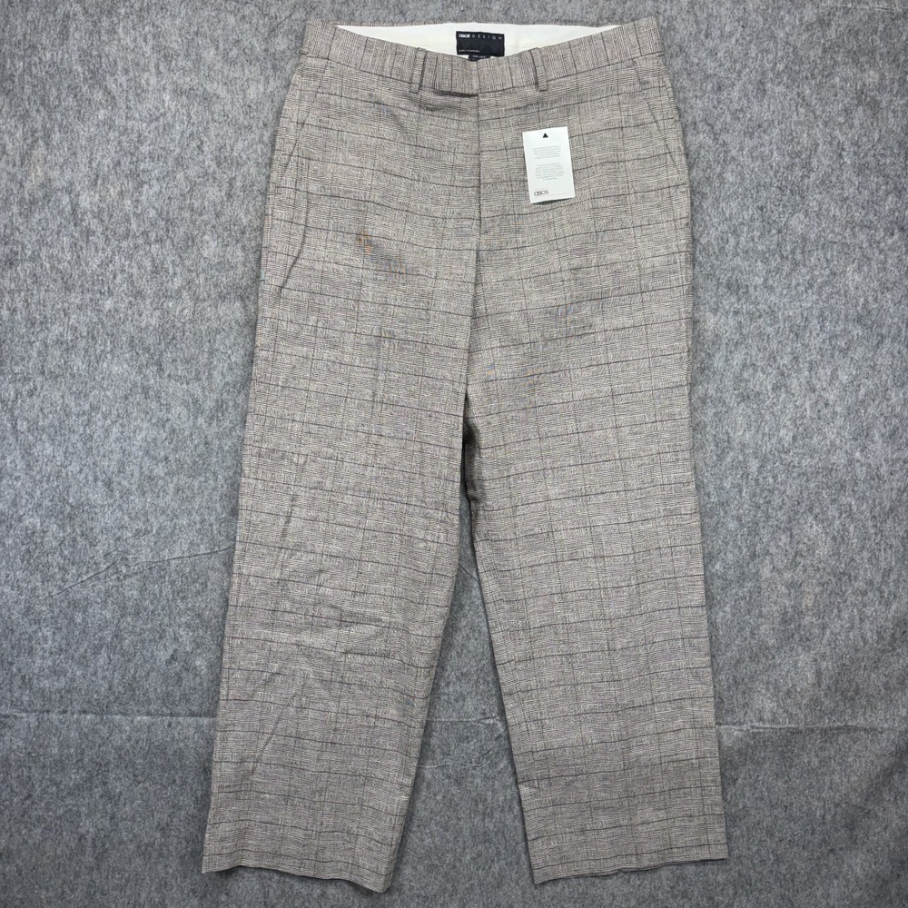 ASOS Linen Blend Trousers Men 34x30 Houndstooth Glen Plaid Relaxed‎ Straight New